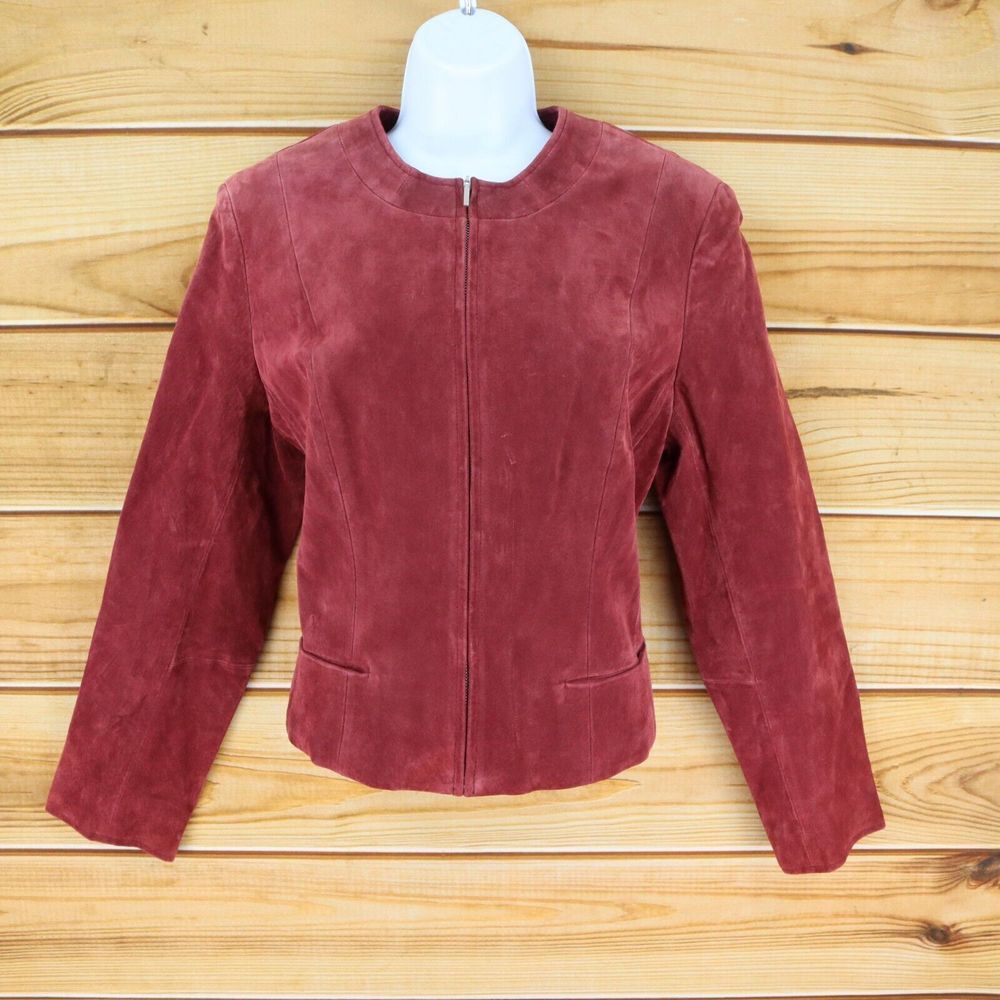 AK Anne‎ Klein Full Zip Leather Jacket Womens Size 12 Burgundy Lined Pockets